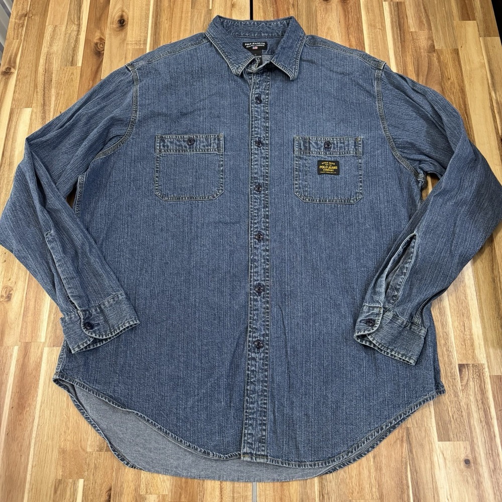 Vintage Polo Jeans Ralph Lauren Shirt Mens L Blue Workwear Denim Button Up